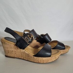 Softspots Black Leather Cork Wedge Sandals - Size 6
